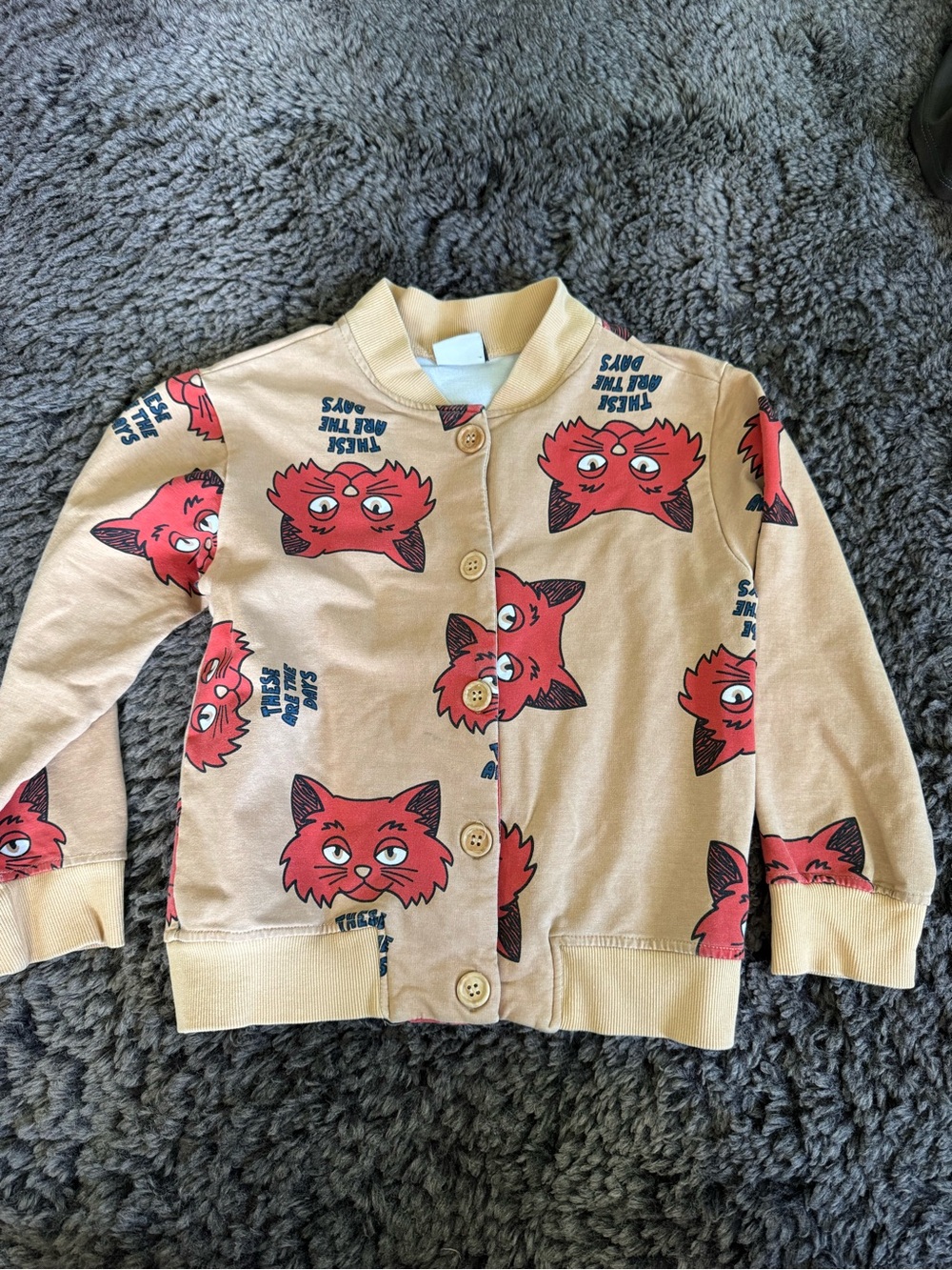 Beige Kids Button-Up Shirt with Red Cat Print